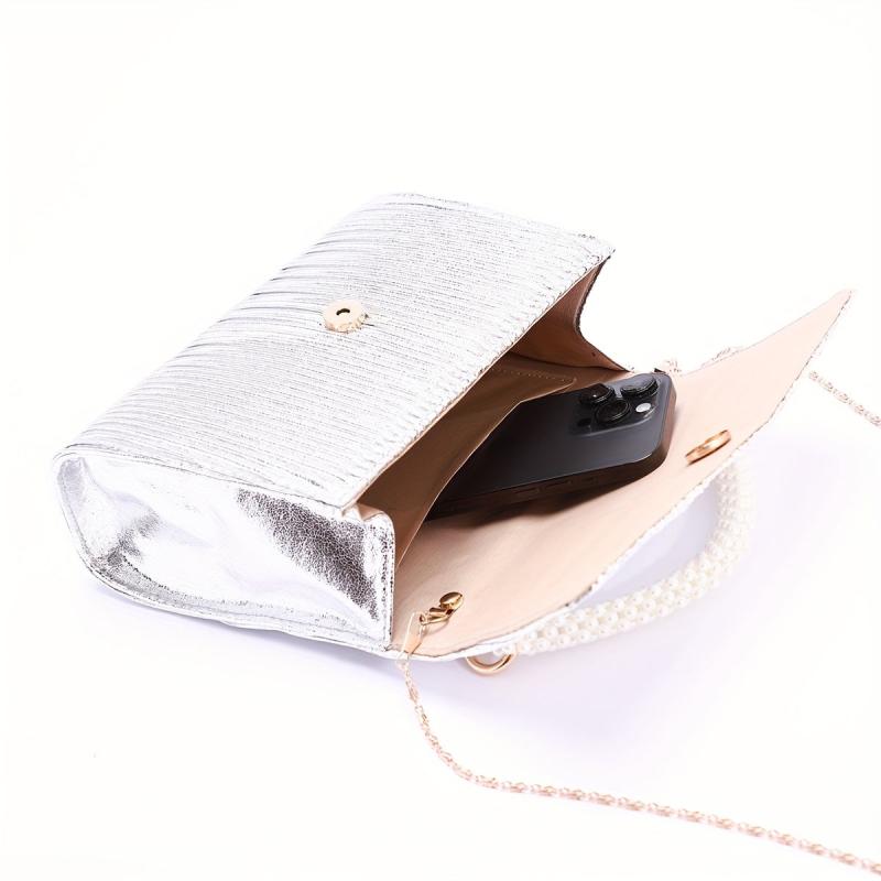 Satin Ruched Evening Handbag Faux Pearl Handle Prom Purse Clutch