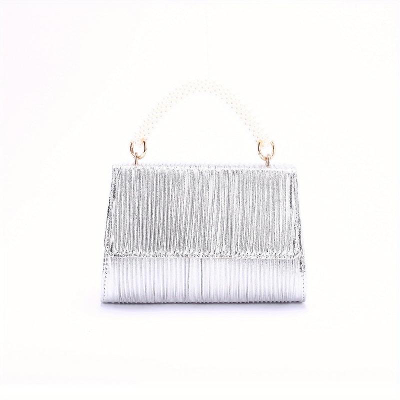 Satin Ruched Evening Handbag Faux Pearl Handle Prom Purse Clutch