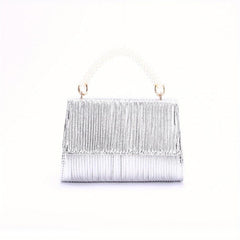 Satin Ruched Evening Handbag Faux Pearl Handle Prom Purse Clutch