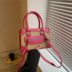 Straw Crossbody Satchel Bag PU Leather Top Handle Shoulder Bag