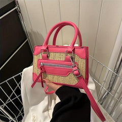 Straw Crossbody Satchel Bag PU Leather Top Handle Shoulder Bag