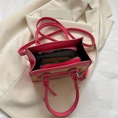 Straw Crossbody Satchel Bag PU Leather Top Handle Shoulder Bag