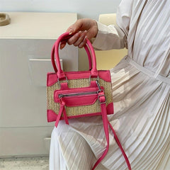 Straw Crossbody Satchel Bag PU Leather Top Handle Shoulder Bag
