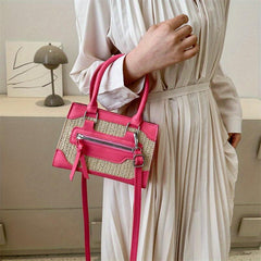 Straw Crossbody Satchel Bag PU Leather Top Handle Shoulder Bag
