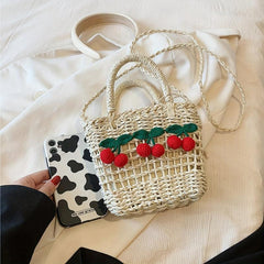Straw Drawstring Crossbody Bag Casual Fashionable Purse