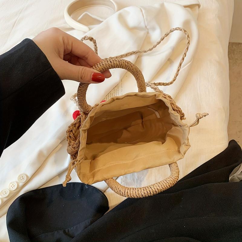 Straw Drawstring Crossbody Bag Casual Fashionable Purse