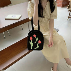 Tulip Pattern Canvas Handbag Niche Shoulder Bag for Shopping Work
