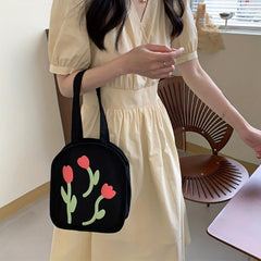 Tulip Pattern Canvas Handbag Niche Shoulder Bag for Shopping Work