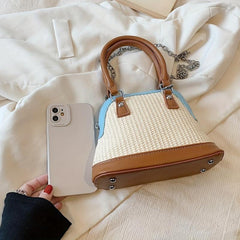 Straw Woven Crossbody Bag Metal Chain Shoulder Beach Bag