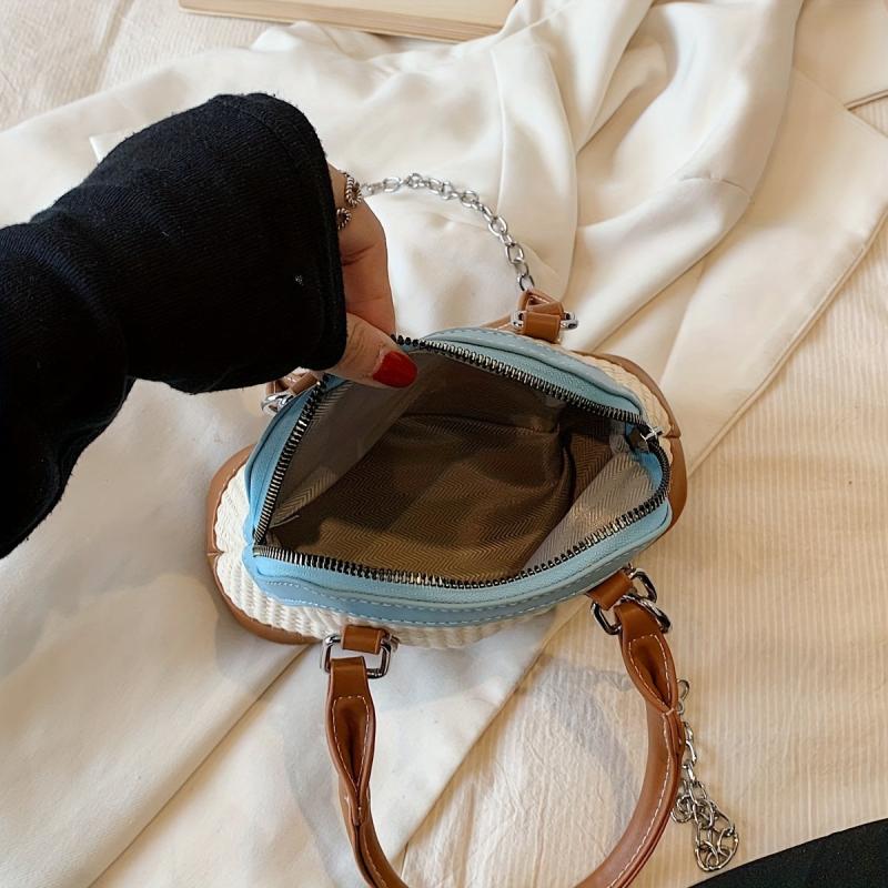 Straw Woven Crossbody Bag Metal Chain Shoulder Beach Bag