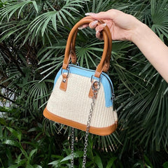 Straw Woven Crossbody Bag Metal Chain Shoulder Beach Bag