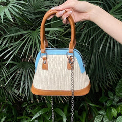 Straw Woven Crossbody Bag Metal Chain Shoulder Beach Bag