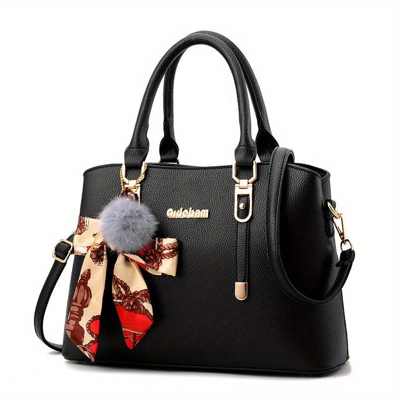 Solid PU Leather Satchel Purse with Scarf Decor