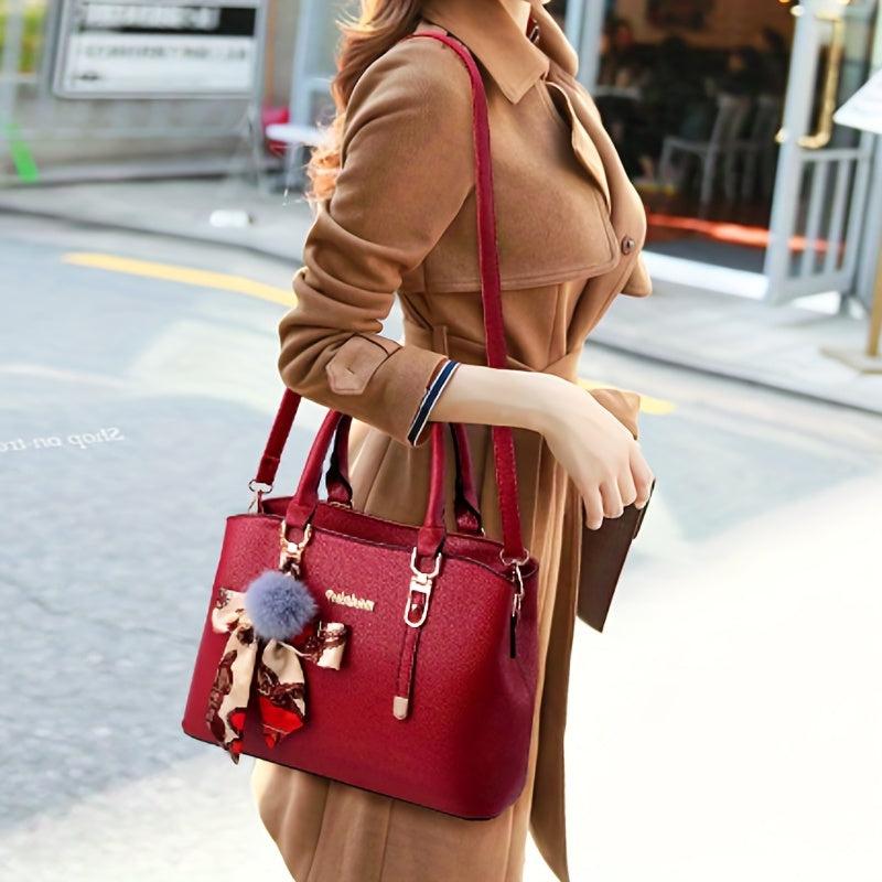 Solid PU Leather Satchel Purse with Scarf Decor