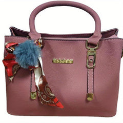 Solid PU Leather Satchel Purse with Scarf Decor