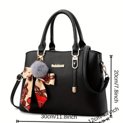 Solid PU Leather Satchel Purse with Scarf Decor