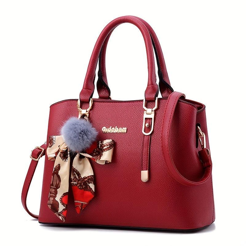 Solid PU Leather Satchel Purse with Scarf Decor