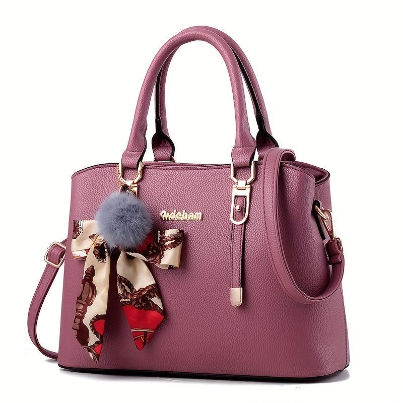 Solid PU Leather Satchel Purse with Scarf Decor