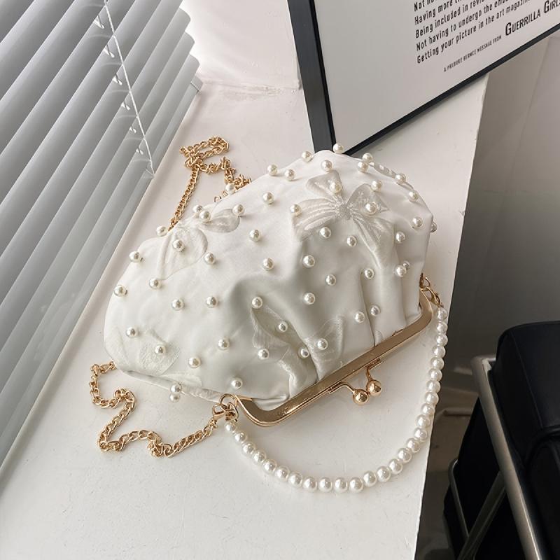 Pearl Decor Pleated Bag Chain Embroidery Clutch Bag