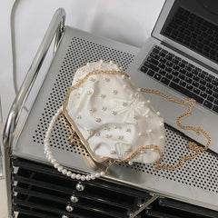 Pearl Decor Pleated Bag Chain Embroidery Clutch Bag