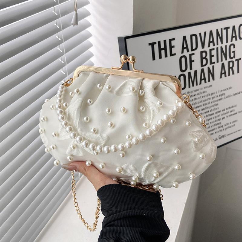 Pearl Decor Pleated Bag Chain Embroidery Clutch Bag