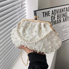 Pearl Decor Pleated Bag Chain Embroidery Clutch Bag
