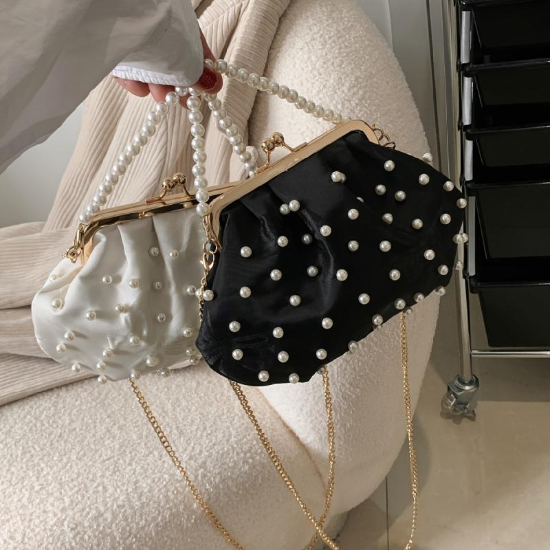 Pearl Decor Pleated Bag Chain Embroidery Clutch Bag