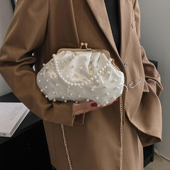 Pearl Decor Pleated Bag Chain Embroidery Clutch Bag