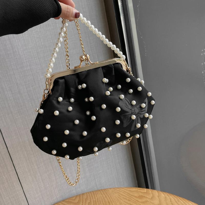 Pearl Decor Pleated Bag Chain Embroidery Clutch Bag