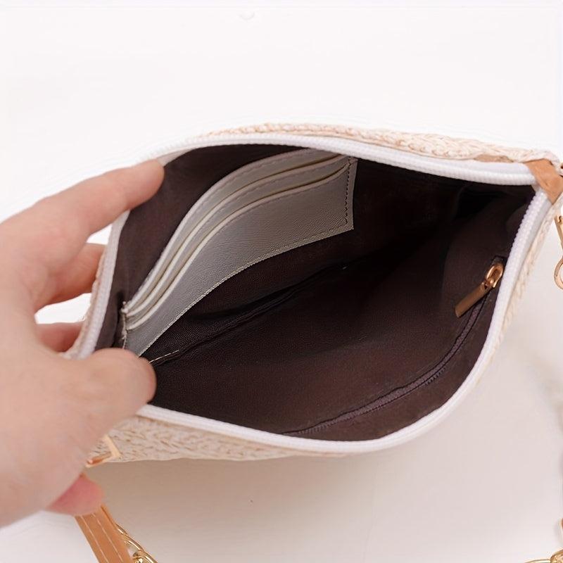 Minimalist Solid Straw Bag Bohemian Zipper Chain Bag Crossbody Bag