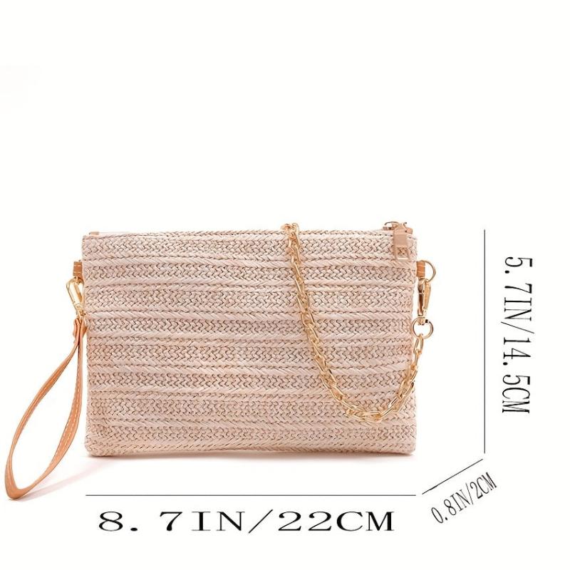 Minimalist Solid Straw Bag Bohemian Zipper Chain Bag Crossbody Bag