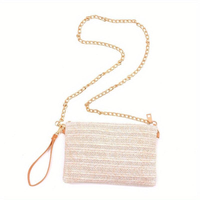 Minimalist Solid Straw Bag Bohemian Zipper Chain Bag Crossbody Bag
