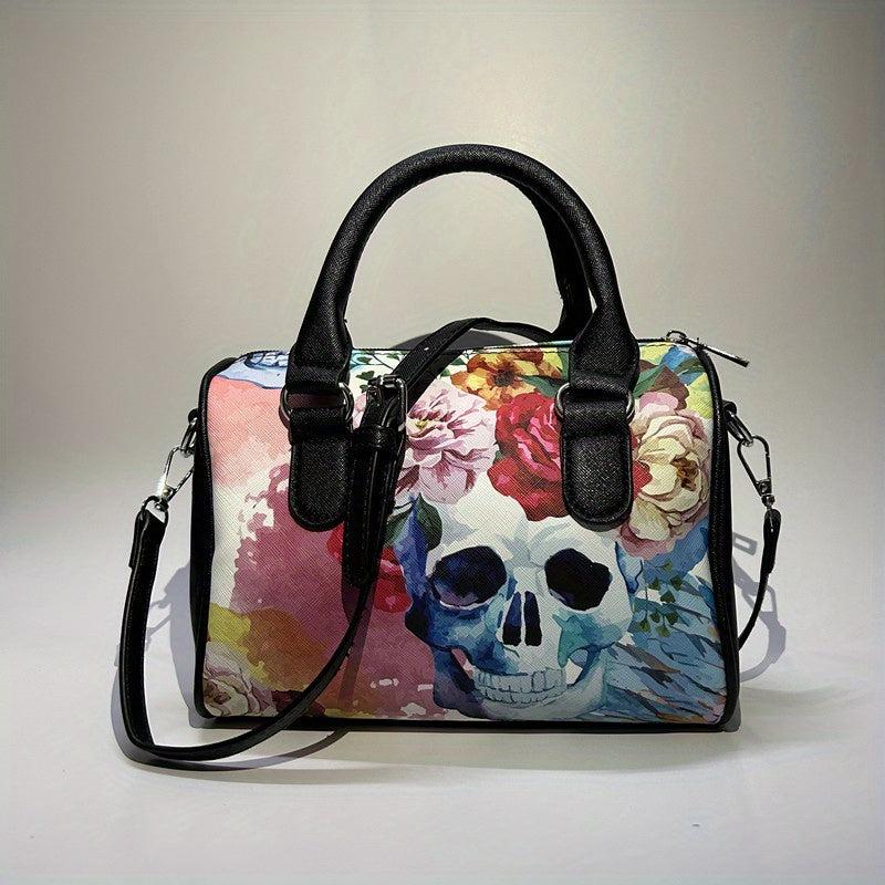 Skull Print Handbag Halloween PU Crossbody Bag Gothic Top Handle Purse