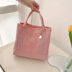 Solid Canvas Bento Bag Disc Decor Large Capacity Handbag