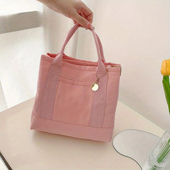 Solid Canvas Bento Bag Disc Decor Large Capacity Handbag