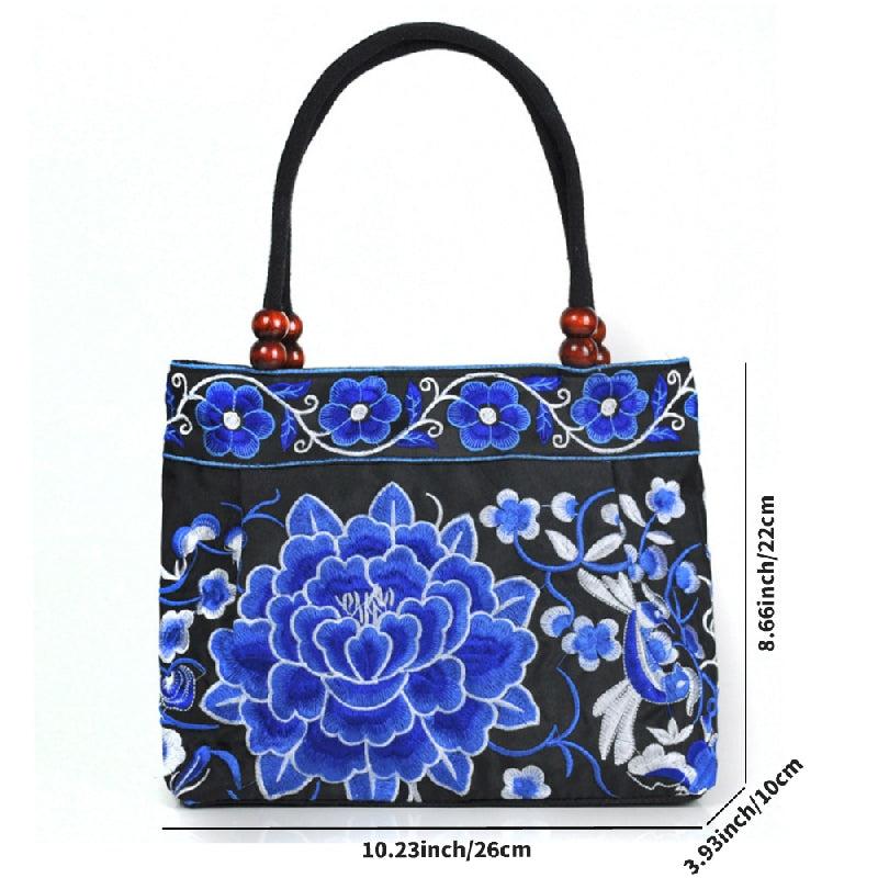 Flower Embroidered Crossbody Bag Canvas Satchel Purse