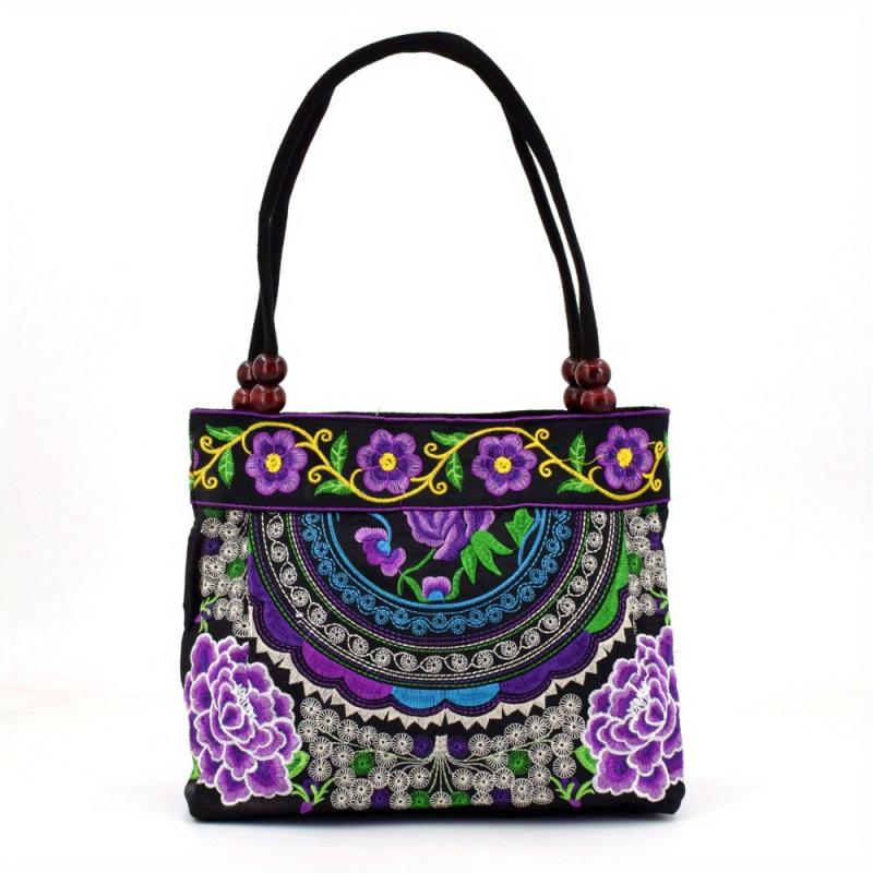 Flower Embroidered Crossbody Bag Canvas Satchel Purse