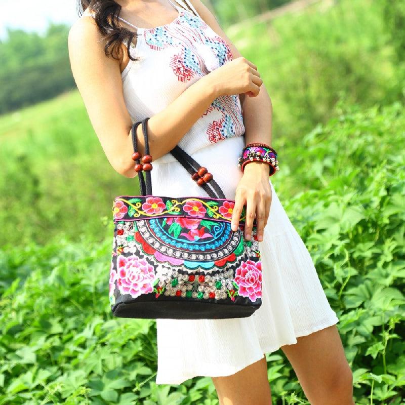 Flower Embroidered Crossbody Bag Canvas Satchel Purse