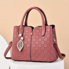 Plaid Embossed Shoulder Bag Double Handle Tote Handbag