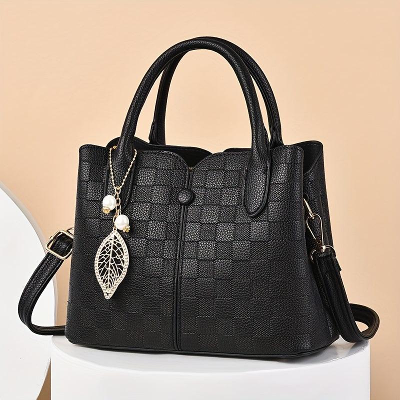 Plaid Embossed Shoulder Bag Double Handle Tote Handbag