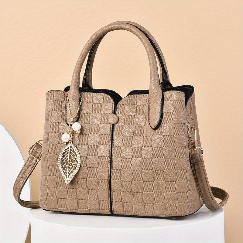 Plaid Embossed Shoulder Bag Double Handle Tote Handbag