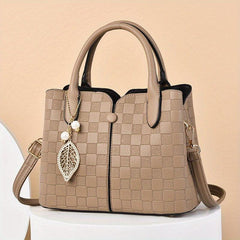 Plaid Embossed Shoulder Bag Double Handle Tote Handbag