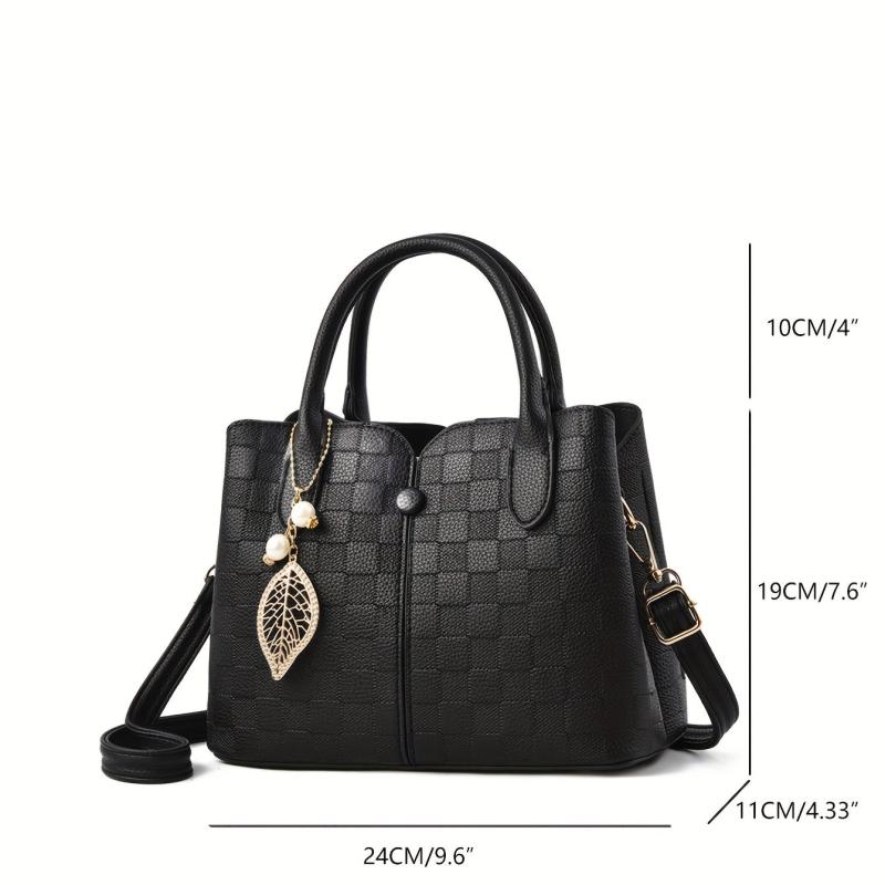 Plaid Embossed Shoulder Bag Double Handle Tote Handbag