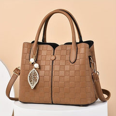 Plaid Embossed Shoulder Bag Double Handle Tote Handbag