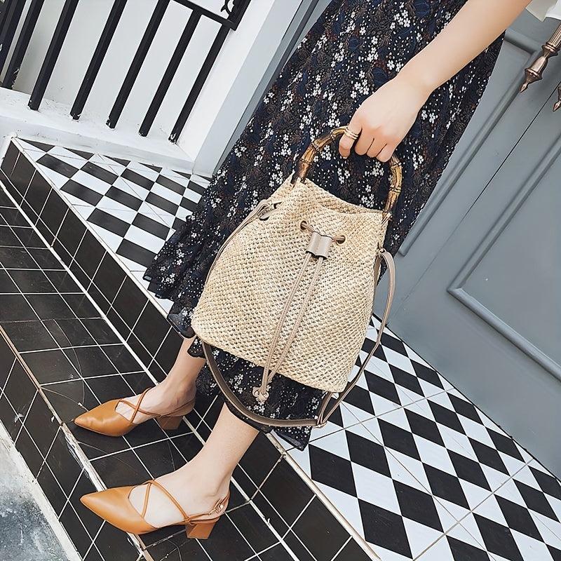Bamboo Handle Straw Bucket Bag for Women