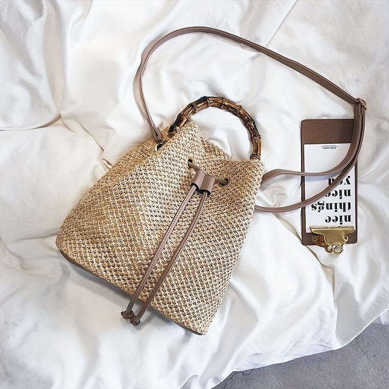 Bamboo Handle Straw Bucket Bag for Women