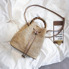 Bamboo Handle Straw Bucket Bag for Women