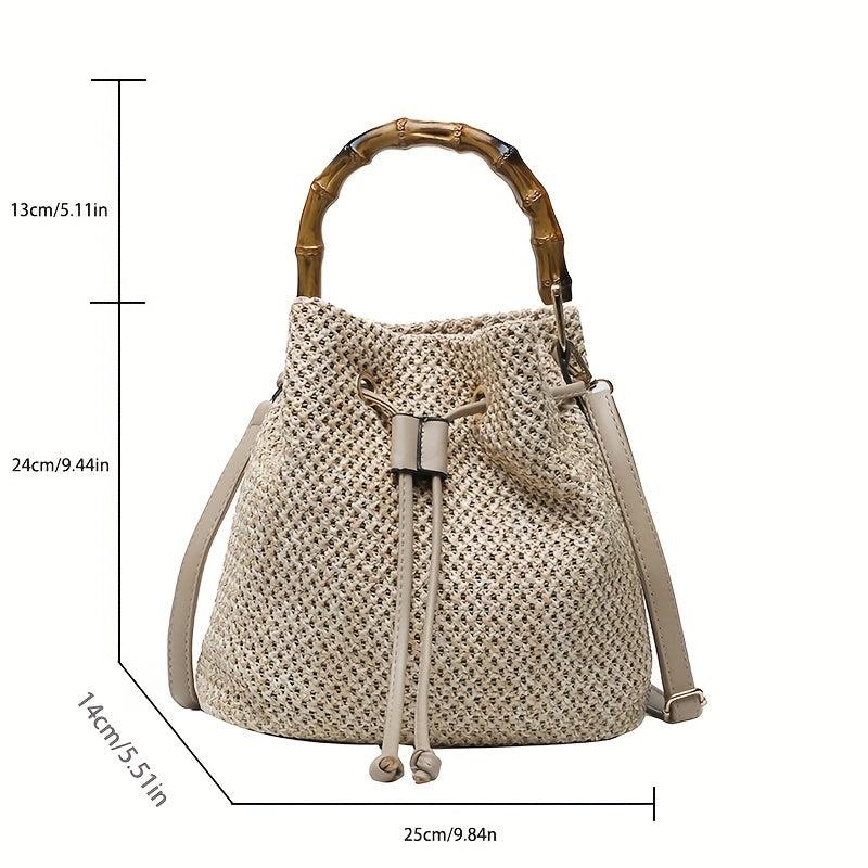 Bamboo Handle Straw Bucket Bag for Women