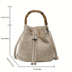 Bamboo Handle Straw Bucket Bag for Women