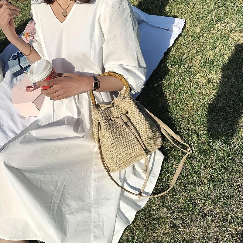 Bamboo Handle Straw Bucket Bag for Women